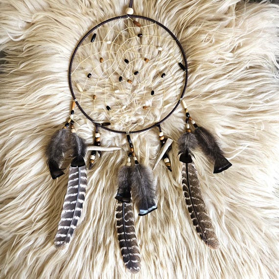 Ojibwe dreamcatcher with wild turkey feathers and deer antler 12"