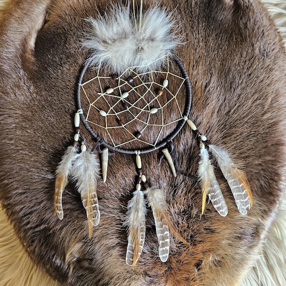 Ojibwe dreamcatcher with coyote fur and deer antler accents 8"