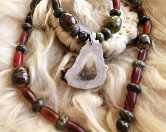 Ojibwe-Made Deer Antler Pendant Necklace | Unique Native American Artisan Jewelry | Ceramic, Jasper and Horn Accents
