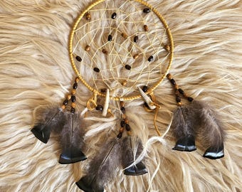 Handcrafted Ojibwe Dreamcatcher | Wild Turkey Feathers & Deer Antler 8"