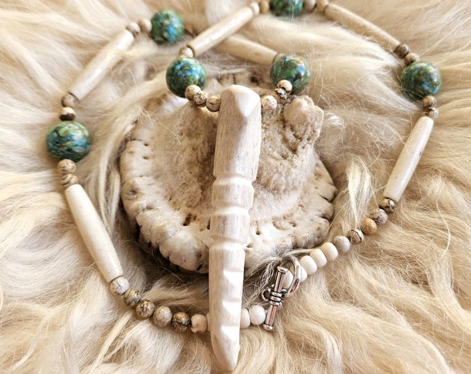 Featured listing image: Ojibwe-Made Deer Antler Jewelry | Unique Artisan Necklace with Native American Elements | Jasper, Bone, Mosaic Turquoise Accents