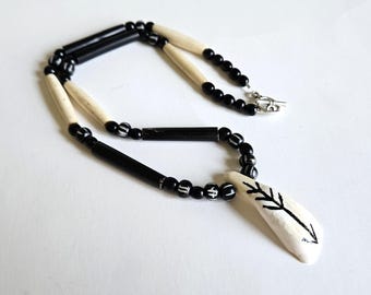 Painted Bison Tooth Ojibwe Necklace | Unique Native American Artistry | Horn and Bone accents