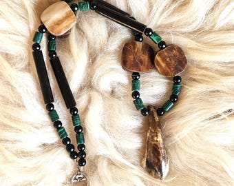 Artisan Ojibwe Bison Tooth Beaded Necklace | Unique Native American Jewelry | Horn, Bone, Malachite Accents