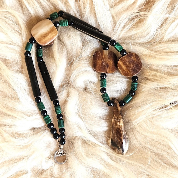Bison tooth beaded Ojibwe necklace with horn and malachite beads