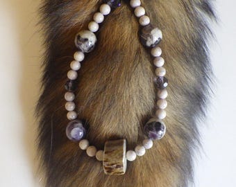 Ojibwe-Made Deer Antler Jewelry | Unique Native American Artisan Necklace with Amethyst and Riverstone
