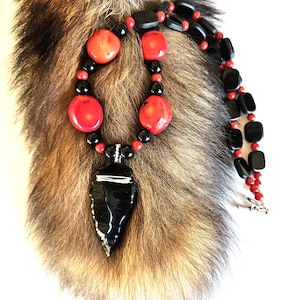 Ojibwe arrowhead, obsidian, red fossil coral necklace, Native made jewelry