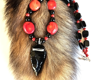 Obsidian arrowhead, red fossil coral necklace, Native made jewelry, Ojibwe