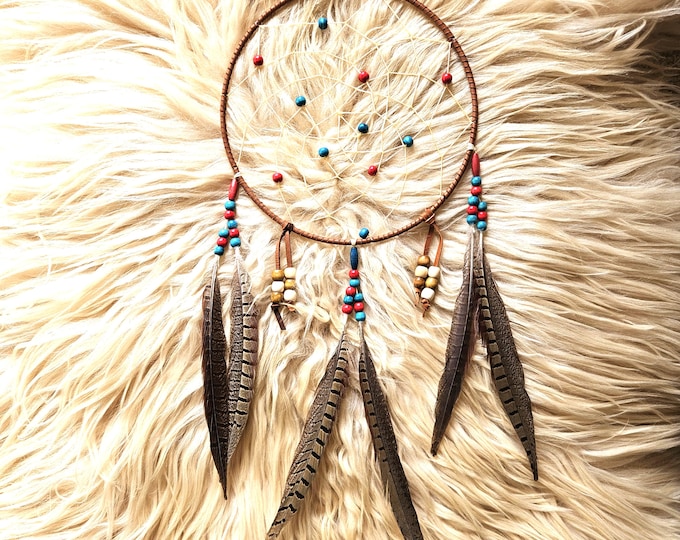 Featured listing image: Handcrafted Ojibwe Dreamcatcher | Wild Pheasant feathers 10"
