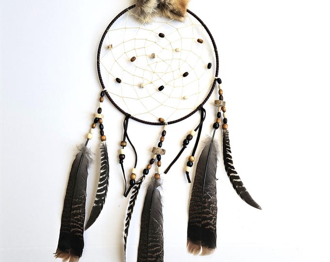 Featured listing image: Handcrafted Ojibwe Dreamcatcher | Wild Turkey Feathers, Coyote Fur & Deer Antler 10"