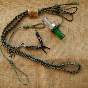 Duck hunting lanyard accented with deer antler, paracord, 6 call loops, 2 accessory clips, dog training, hunting gift, duck call lanyard