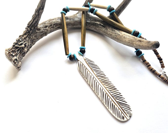Featured listing image: Carved Bone Feather Ojibwe Necklace | Unique Native American Jewelry, Cultural Statement | Horn, Bamboo, Bone Pendant