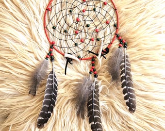 Holiday Handcrafted Ojibwe Dreamcatcher | Wild Turkey Feathers & Deer Antler 10"