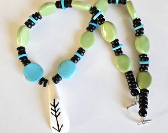 Painted Bison Tooth Ojibwe Necklace | Unique Native American Artistry | Bone, Wood and Ceramic Accents