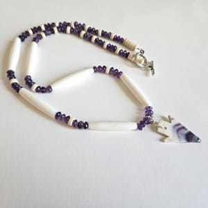 Wampum shell necklace, Arrowhead beaded necklace with amethyst, bone, Native made jewelry, Ojibwe