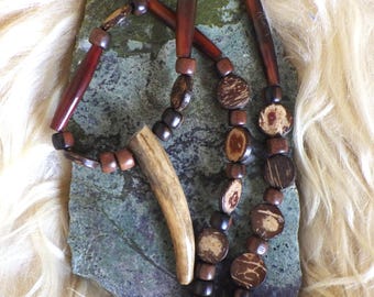 Ojibwe-Made Deer Antler Jewelry | Unique Native American Artisan Necklace | Horn, Wood, Nut Accents