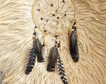 Handcrafted Ojibwe Dreamcatcher | Wild Turkey Feathers & Deer Antler 10"