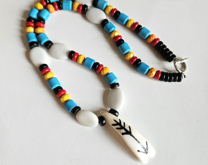 Featured listing image: Painted Bison Tooth Ojibwe Necklace | Unique Native American Artistry | Wood, Stone, Glass Accents