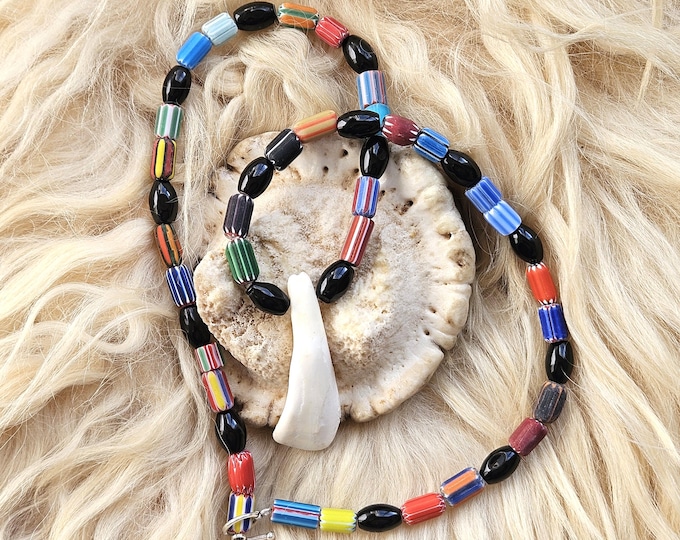 Featured listing image: Bison Tooth Ojibwe Necklace | Unique Native American Artistry | Painted Porcelain and Wood Accents