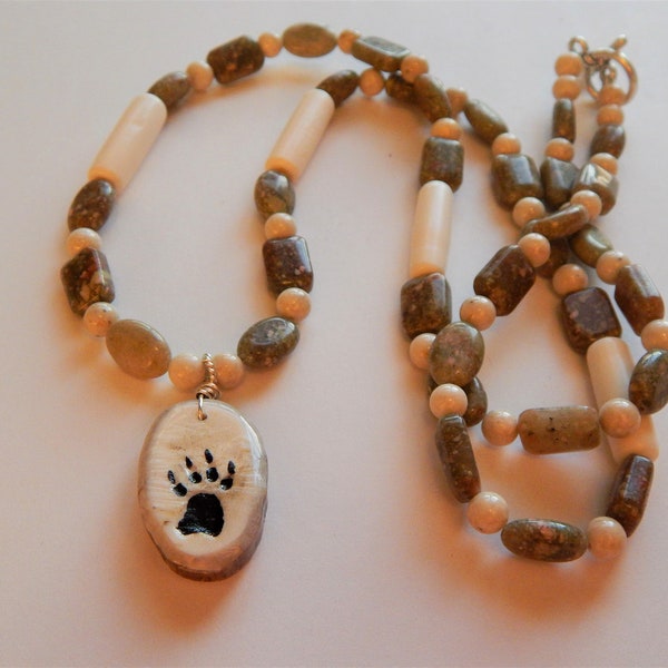 Antler carved pendant gemstone necklace, wolf paw print, autumn jasper, authentic Native American jewelry, fossil, bone beads, carved wolf