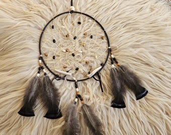 Ojibwe dreamcatcher with wild turkey feathers and deer antler accents 10"