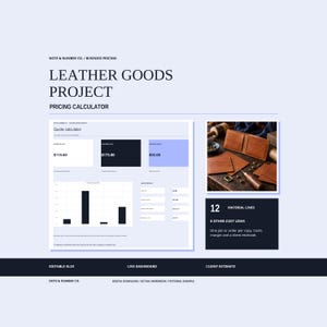 May include: A digital pricing calculator workbook for leather goods projects by Note & Number Co. The interface displays a quote calculator, financial data, a bar chart, and a photograph of leather wallets with crafting tools.