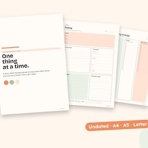 May include: A printable planner set featuring a cover page with the text One thing at a time, followed by daily task sheets with sections for top priorities, time planning, and energy levels in soft peach and sage green colour palettes.