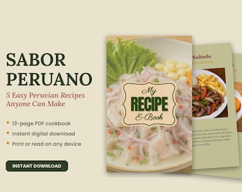 Può includere: Un ricettario digitale intitolato Sabor Peruano con 5 semplici ricette peruviane. La copertina mostra un piatto di ceviche con l'etichetta My Recipe E-Book. Il PDF di 13 pagine include testo sui download istantanei.