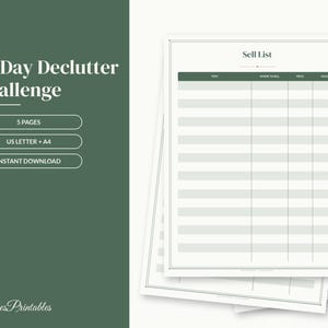 May include: A 30 Day Declutter Challenge printable document set featuring a Sell List tracker with columns for item, where to sell, price, and sold. The design includes dark green accents, white text, and a clean layout for organizing household items.