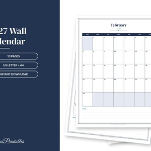 Calendario da parete stampabile 2027, calendario mensile minimalista, caselle grandi, inizio settimana di domenica, design moderno e pulito, formato US Letter e A4, scaricabile.