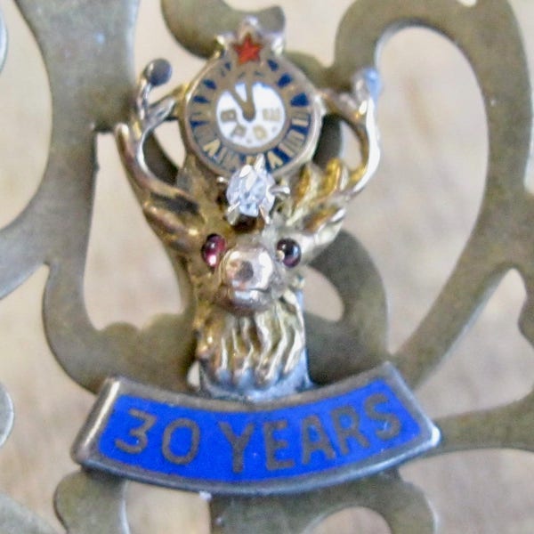 Antique BPOE Benevolent and Protective Order of Elks 30 Year Anniversary Lapel Button Pin Mixed Media Enamel Gold Silver Ruby Diamond