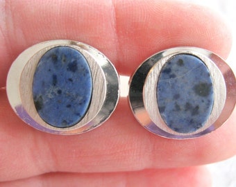 Fabulous Vintage Mid Century Mod LANVIN Oval Cuff links Natural Spotted Dumortierite /Blue Black Dalmation Stone White Gold Plated Plor Galv