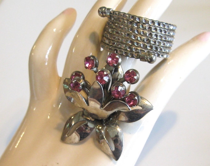 Featured listing image: Vintage Coiled Band Ring – Pink Rhinestone Flower Dangle, Size 12
