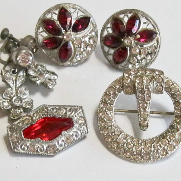 RUBY SPARKLE - Vintage Art Deco French Paste Jewelry Collection Lot - Clear Red Rhinestones - Floral / Flower Earrings - Circle Buckle Pins