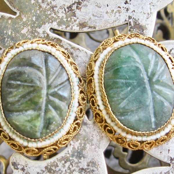 Exotic Foreign Looking Antique Screw Back Cannetille Filigree Earrings - Lotus Flower Carved Green Stone with Glass faux Seed Pearls