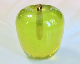 Fabulous Vintage Figural Transparent Carved Bakelite Green Apple Charm or Pendant - Vaseline Color with Copper Bail - Substantial 8.5 grams