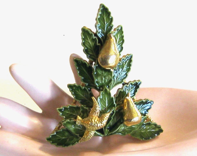 Featured listing image: Mid Century 1950's 1960's Enameled Vintage Partridge in a Pear Tree - Famous Beloved 12 Days of Christmas Song Tribute Holiday Pin Brooch
