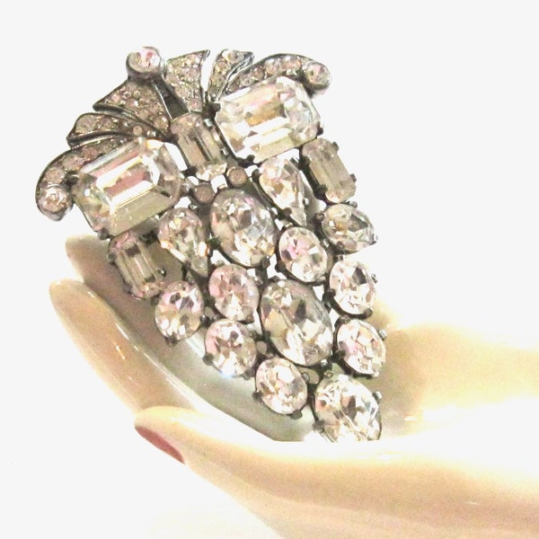 Massive Rare Early Eisenberg Original Dress Clip circa 1935 - 1945 - Art Deco Hollywood Glam Era - Headlight Rhinestones - High End Elegance