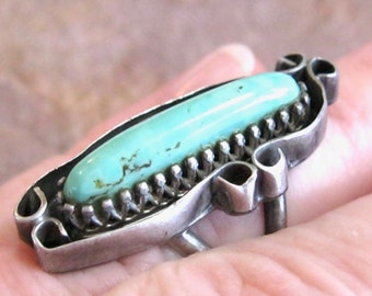 Vintage Native American Sterling Silver Knuckle Ring - Fancy Crown Prongs - Elongated Oval Turquoise Gemstone - Shadow Box Scroll Frame 925