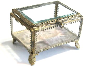 French Jewelry Trinket Vitrine Display Box Case - 1800's - Napoleon III Era  - Charming - Beveled Glass - Brass Accents - Shell Legs -  Silk