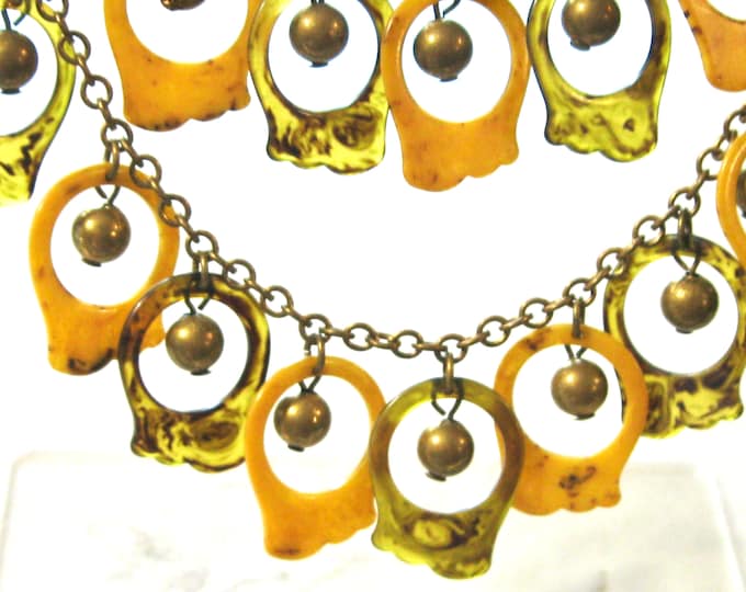 Featured listing image: Vintage Bakelite Festoon Bid Necklace with Two Colors of Asymmetrical Dangles - Brass Chain - Two Layers - Swirl Marble Unique Rings
