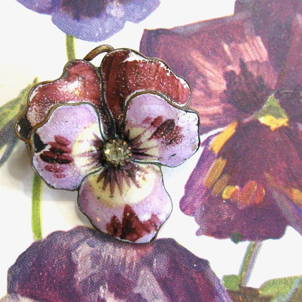 Enamel Pansy Pin, Enamel Pansy Brooch, Antique French Pansy, French Pansy Pin, French Jewelry, 1800's Brooch, Enamel Pansy, Shabby Chic Pin