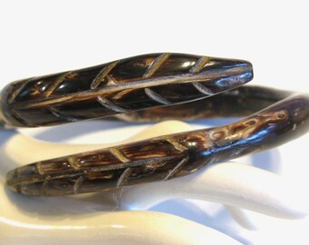 Antique Black Hawaiian Coral Bangle Bypass Bracelet,  Swirly Espresso Brown & Creamy White Coral Formations, Hand Carved Snake Leaf Design