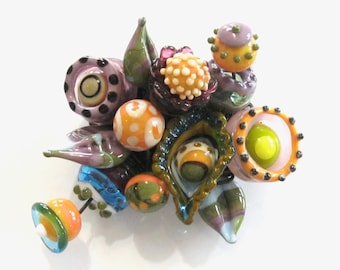 Sara Sally LaGrand Pretty Babies Rare Lampwork Art Glass Flower Corsage Brooch - Handmade, Whimsical, Floral, Colorful, Cheery, Dimensional