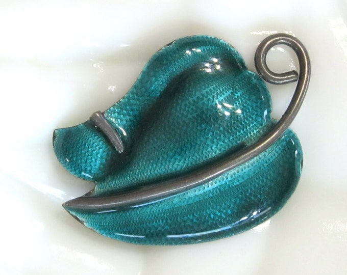 Featured listing image: Vintage Teal Enamel Leaf Dress Clip – Sterling Silver Guilloche