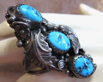 Enorme anillo de semáforo vintage de alta gama Vintage Tony Guerro Navajo nativo americano de plata de ley y nudillos turquesa - 925 - Rich Blue Bisbee Sets