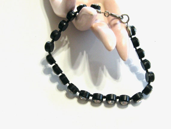 Vintage 1950's Rhinestone Black Plastic Bracelet … - image 8