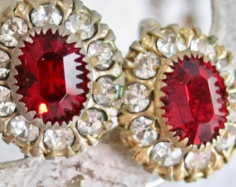 Art Deco Red Glass Earrings - Screw on Backs - Prong Set Stones - Classic True Antique 1920's 1930's - Glowing Foil Back Rhinestones