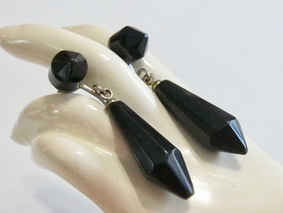 Rare Black Bakelite Faceted Briolette Drop Earring