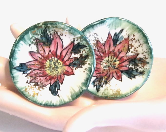 Featured listing image: Vintage Poinsettia Clip On Earrings – Ceramic Disks with Gold Accents