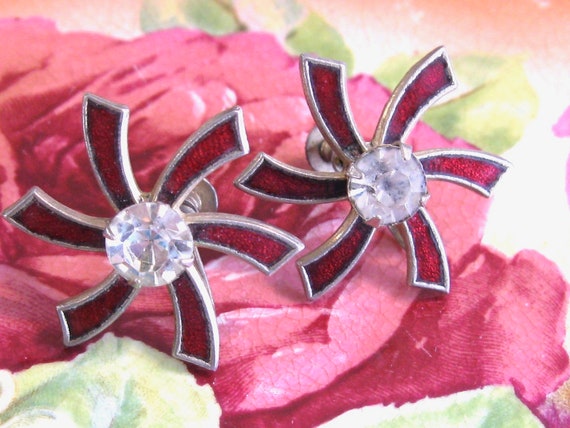 Vintage Enameled Pin Wheel Earrings - Screw On Ba… - image 5